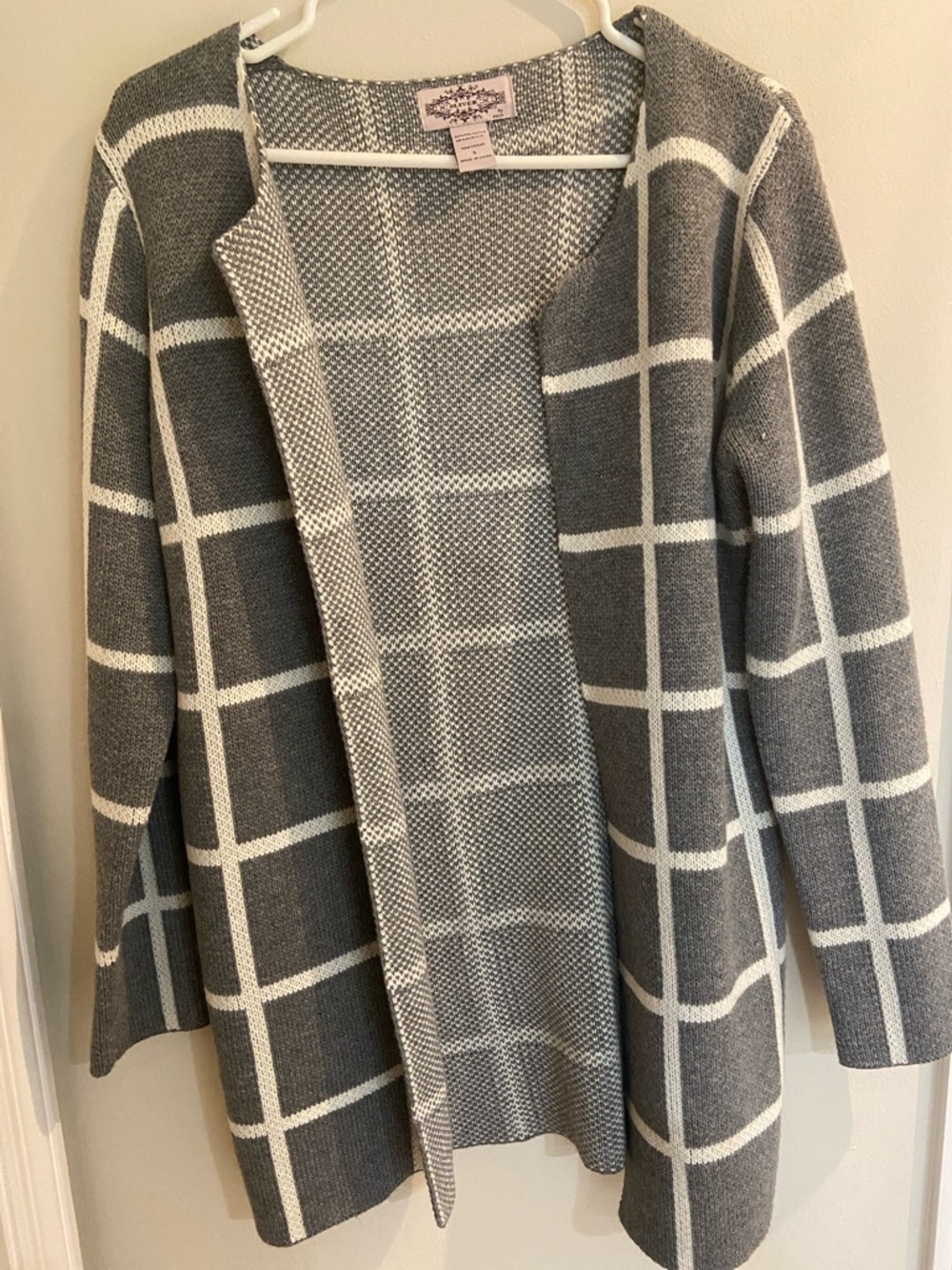 Windowpane Open-Front Cardigan in Gray and White